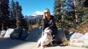White bulldog and owner